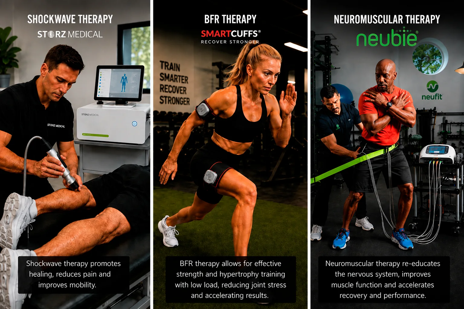 Three-panel graphic showing therapy treatments, athletic training activities, and rehabilitation equipment.